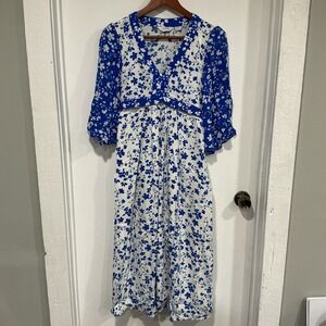 seraphine Luxe maternity Dress, Blue White Floral Midi 3/4 Length Sleeve, Size 8